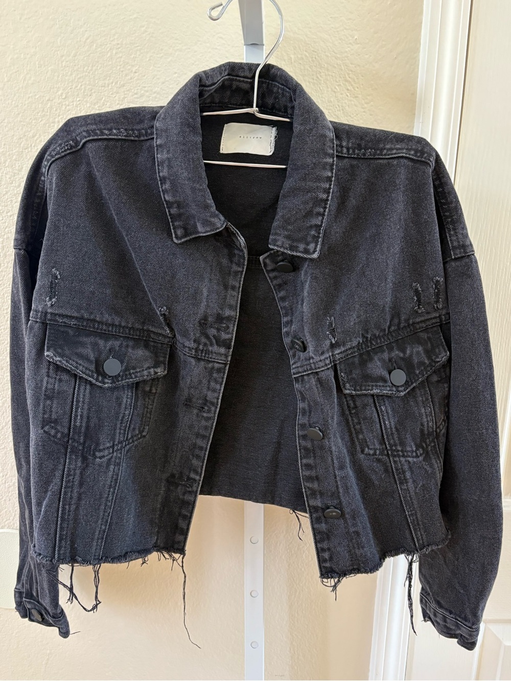 All:Row Cropped Raw Hem Cotton Denim Jacket in Dark Wash - Size M
